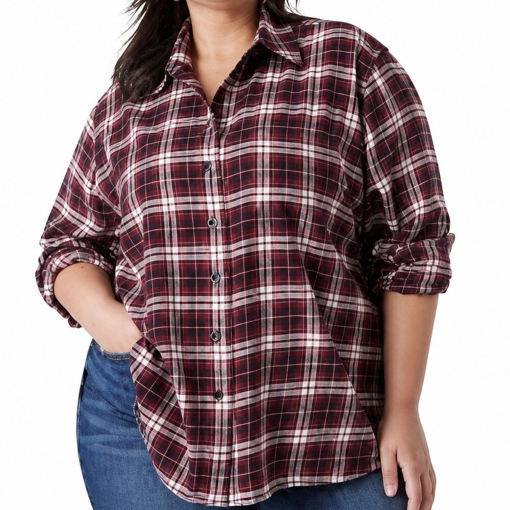 Lane Bryant NWT No Peek Plaid Button Front Flannel Shirt Burgundy 18/20 Plus